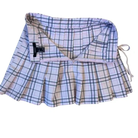 Preppy Pink Gray Plaid Pleated Skirt with Side Tie Coquette Small - Picture 5 of 9